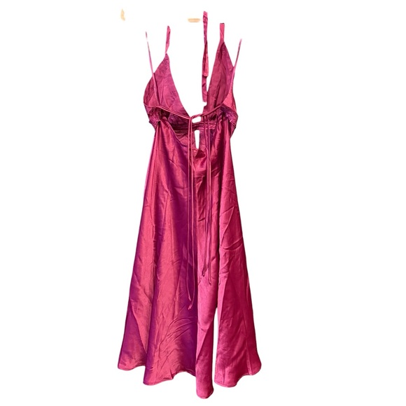 Mystic Dresses & Skirts - Mystic Satin Halter Dress Open Back Tie Waist Fuchsia Midi size L ARZ